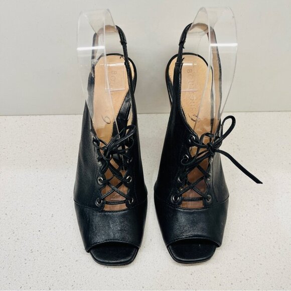 Boutique 9 Lace Up Heels Wood Block Wedge Black Leather Boho Peep Toe Sz 6.5  M - Picture 4 of 14